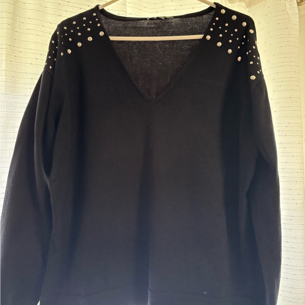 Black Studded V-Neck Sweater